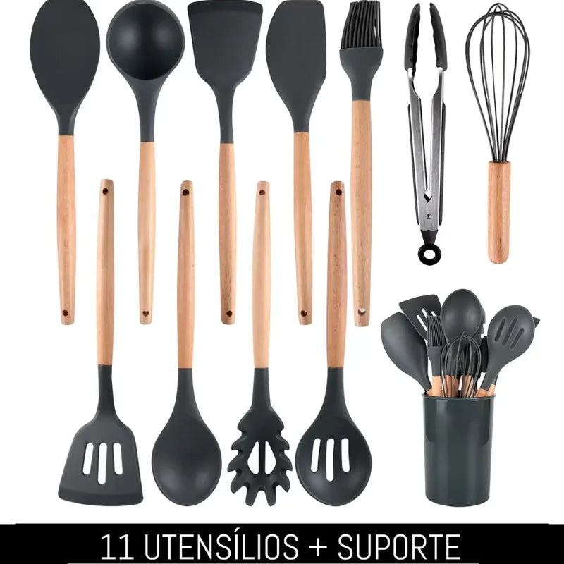 Conjunto com 12 peças Utensilio Culinário cabo de Madeira Antiaderente